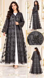 Sheer Floral Scalloped-Hem Black Open Abaya - AF1042 - Black - View 5