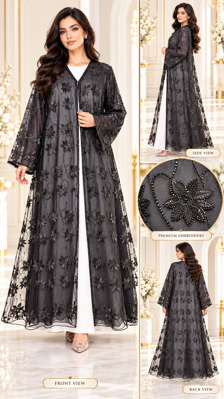 Sheer Floral Scalloped-Hem Black Open Abaya - AF1042 - Black - View 5