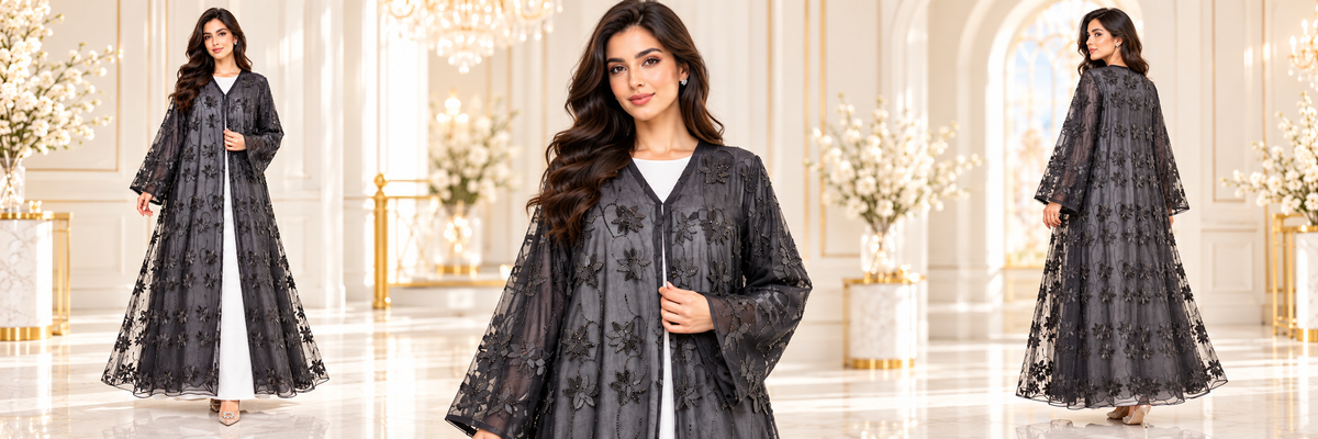 Sheer Floral Scalloped-Hem Black Open Abaya - AF1042 - Black - View 6