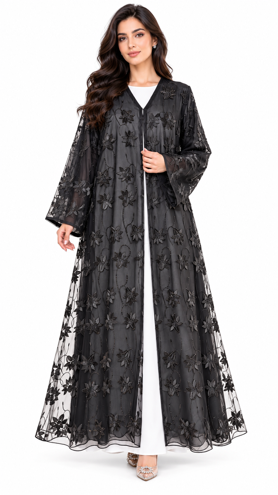 Sheer Floral Scalloped-Hem Black Open Abaya - AF1042 - Black - View 7