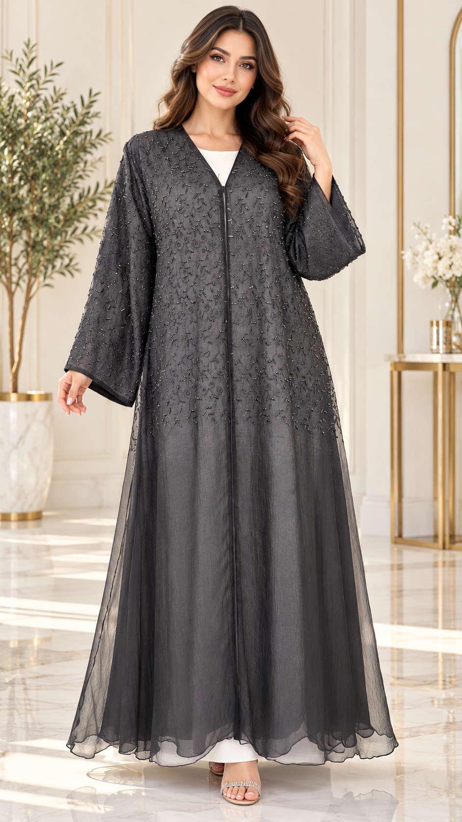 Tonal Floral Embroidered Organza Open Abaya - AF1043 - Black - View 1