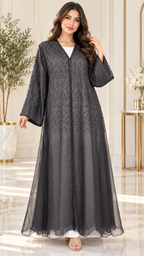Tonal Floral Embroidered Organza Open Abaya - AF1043 - Black - View 1