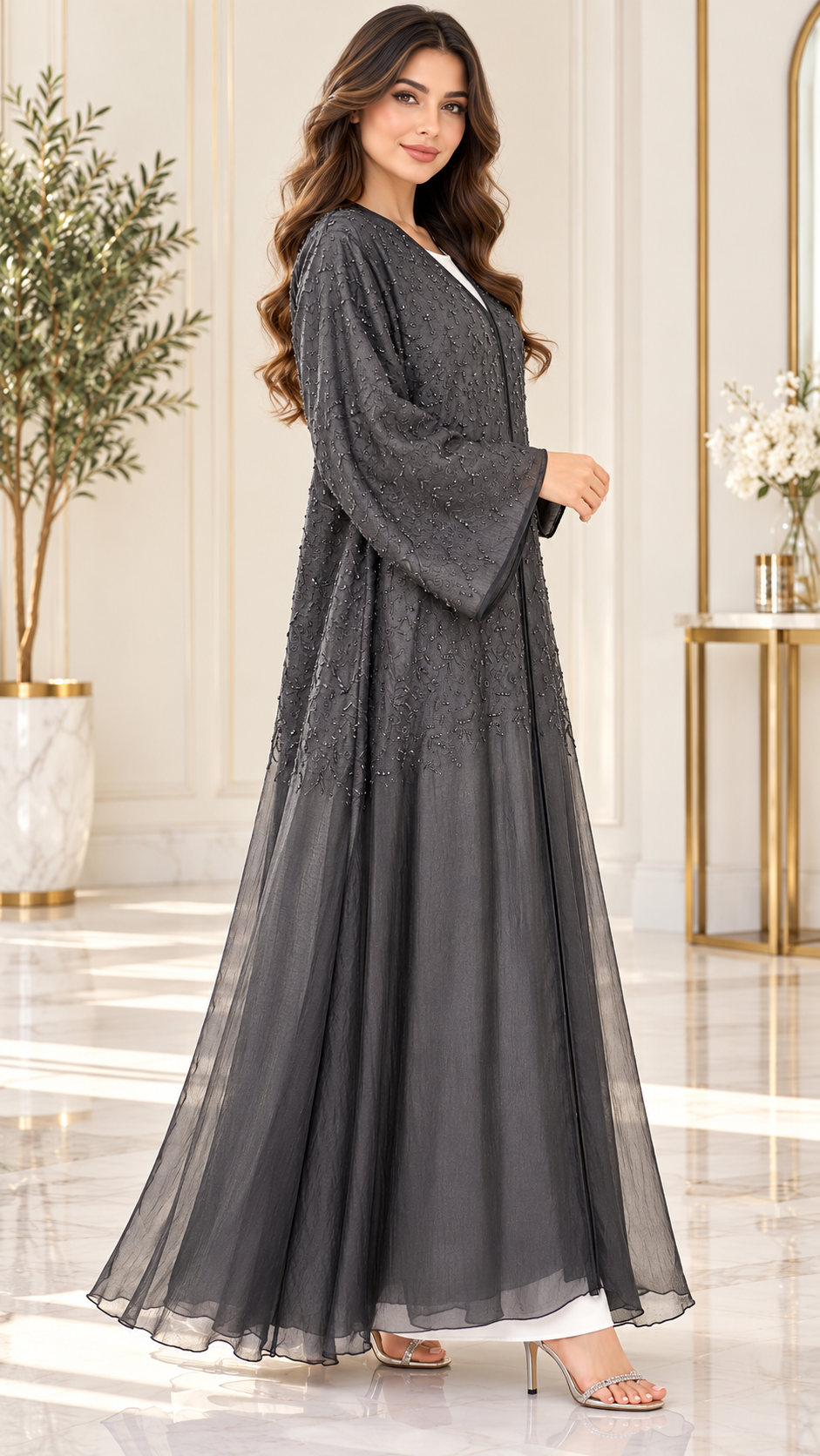 Tonal Floral Embroidered Organza Open Abaya - AF1043 - Black - View 2