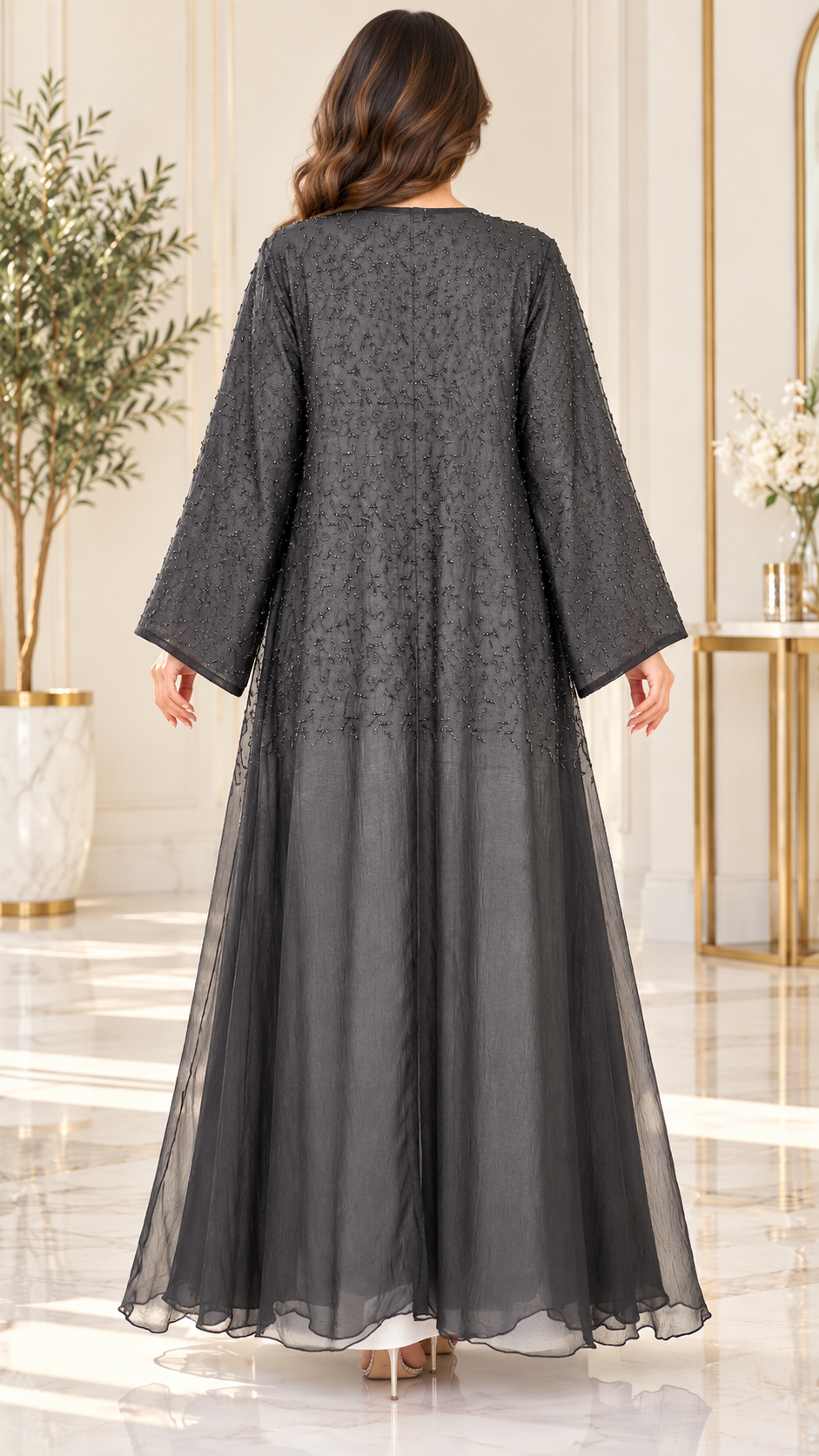 Tonal Floral Embroidered Organza Open Abaya - AF1043 - Black - View 3