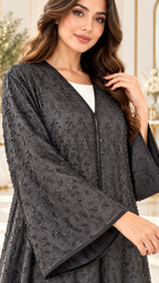 Tonal Floral Embroidered Organza Open Abaya - AF1043 - Black - View 4