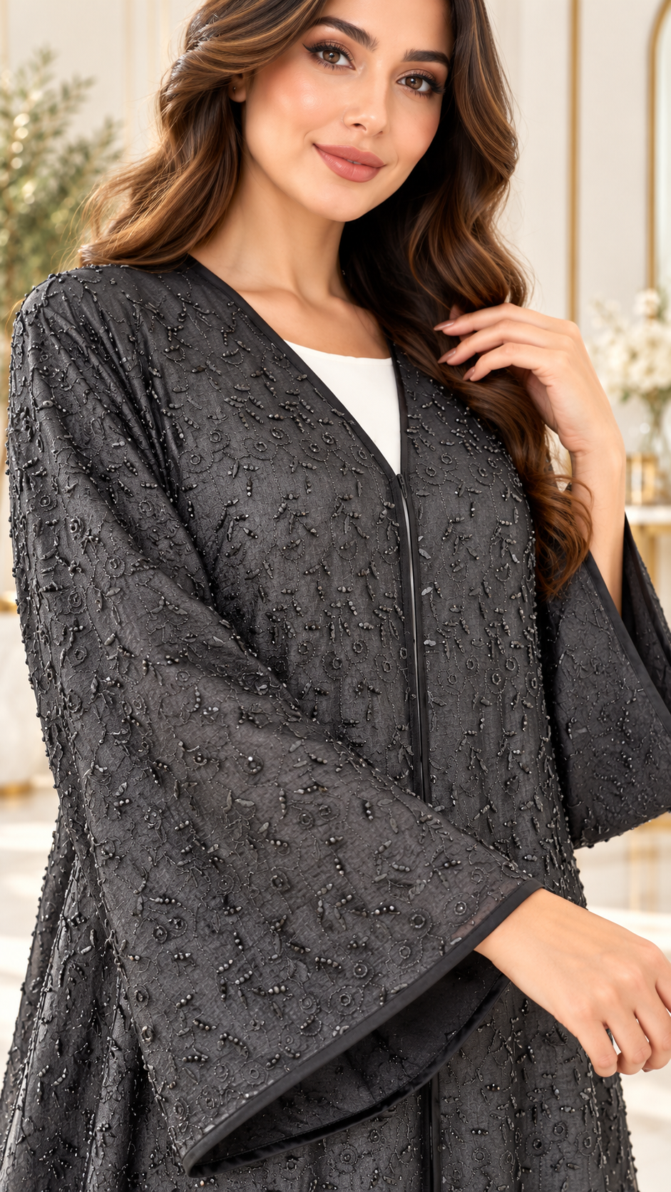 Tonal Floral Embroidered Organza Open Abaya - AF1043 - Black - View 4