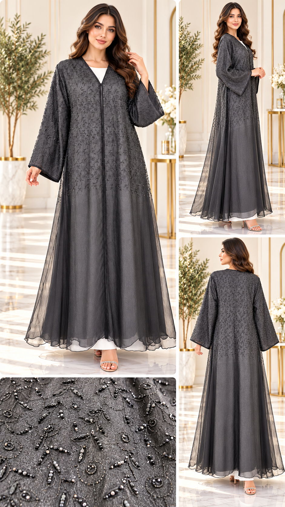 Tonal Floral Embroidered Organza Open Abaya - AF1043 - Black - View 5