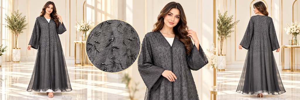 Tonal Floral Embroidered Organza Open Abaya - AF1043 - Black - View 6