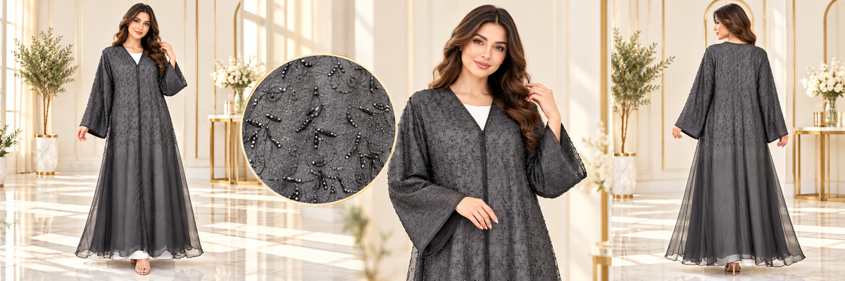 Tonal Floral Embroidered Organza Open Abaya - AF1043 - Black - View 6