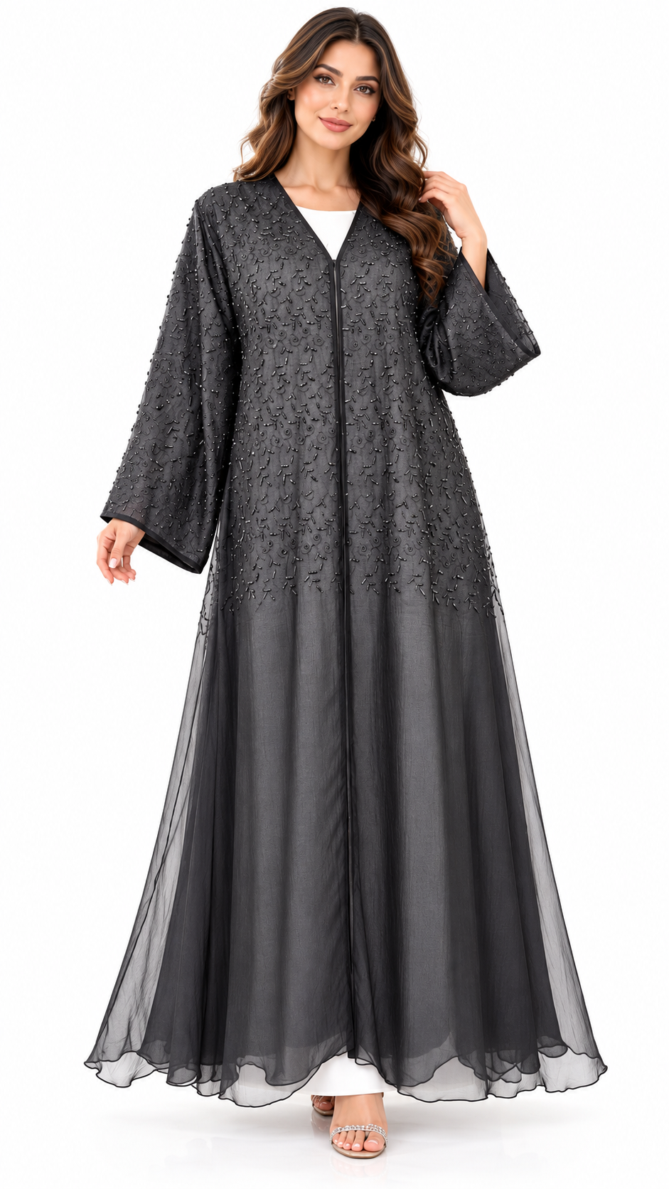 Tonal Floral Embroidered Organza Open Abaya - AF1043 - Black - View 7