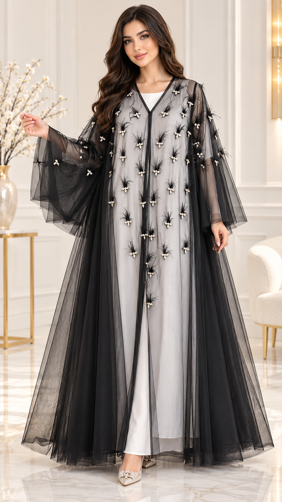 Pearl Cluster Pranchi Sheer Black Open Abaya - AF1044 - Black - View 1