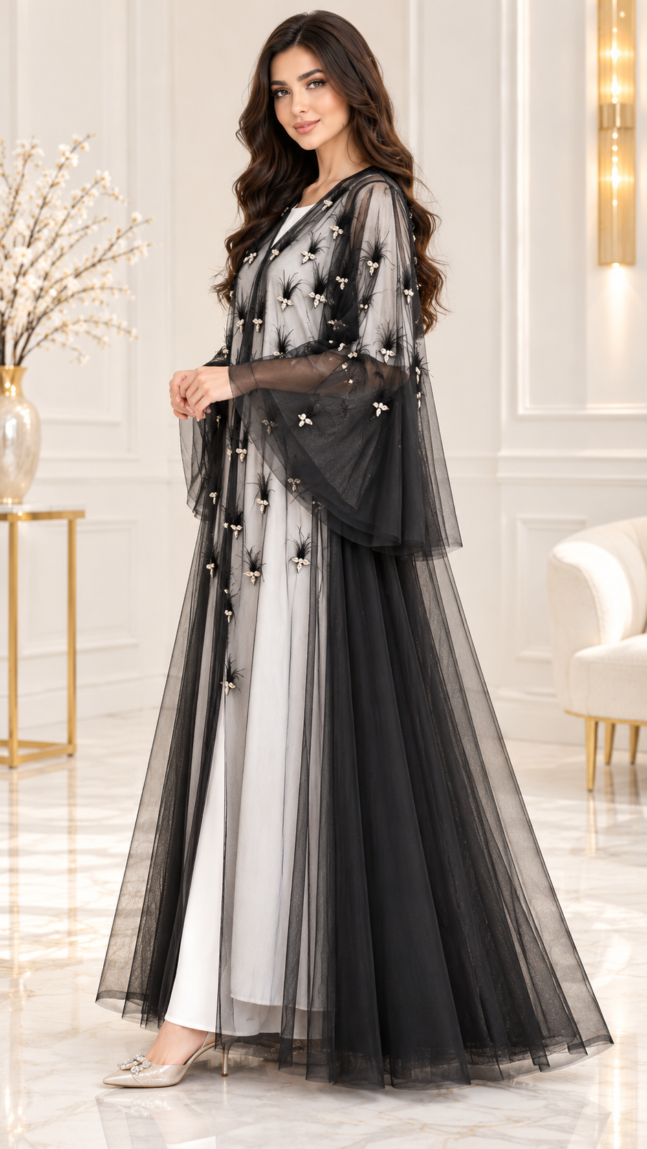 Pearl Cluster Pranchi Sheer Black Open Abaya - AF1044 - Black - View 2