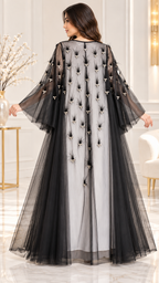 Pearl Cluster Pranchi Sheer Black Open Abaya - AF1044 - Black - View 3