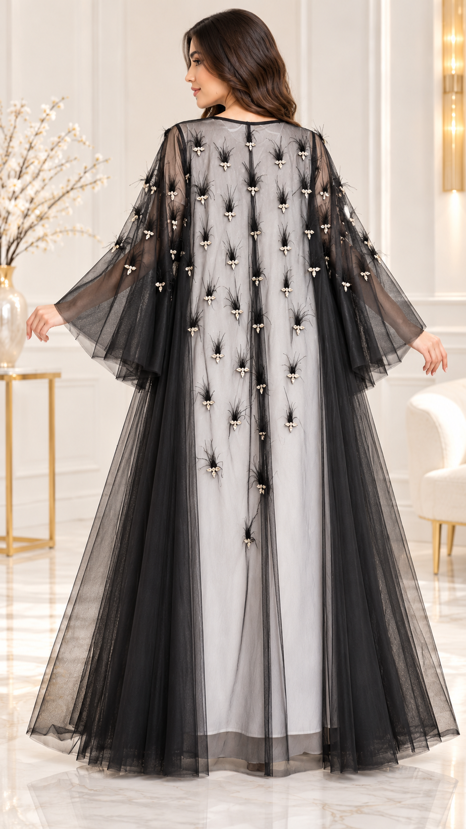 Pearl Cluster Pranchi Sheer Black Open Abaya - AF1044 - Black - View 3