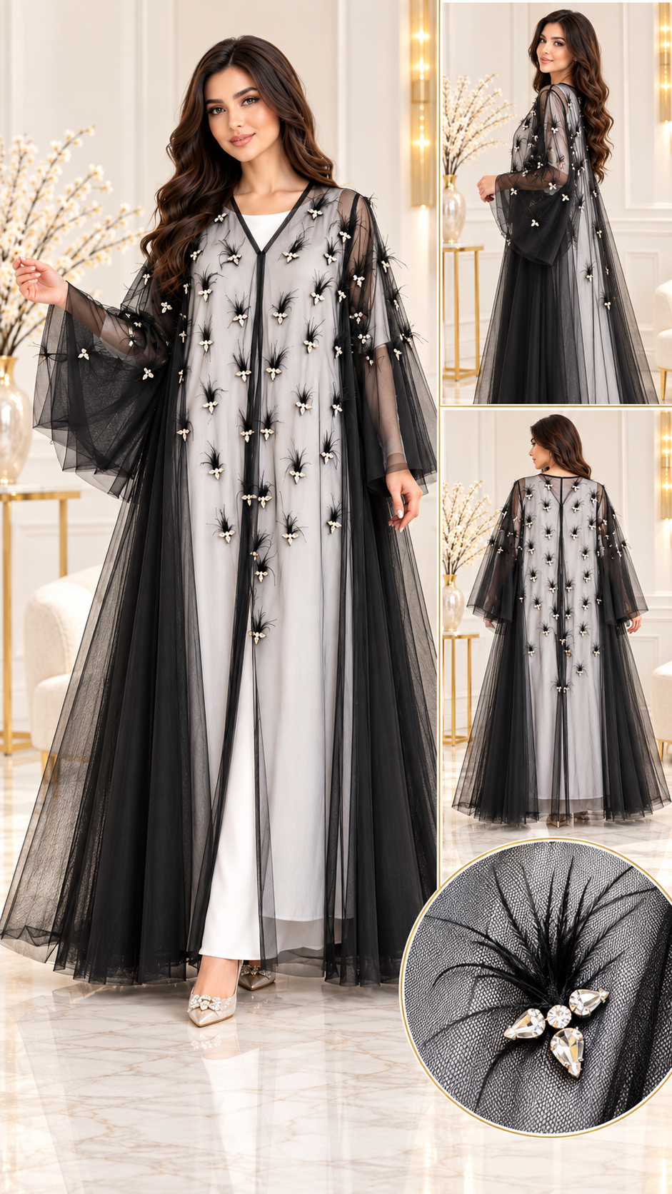 Pearl Cluster Pranchi Sheer Black Open Abaya - AF1044 - Black - View 5