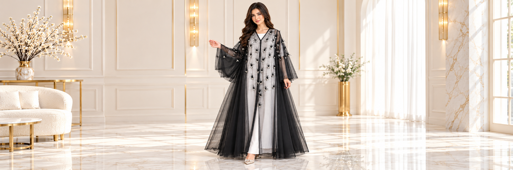 Pearl Cluster Pranchi Sheer Black Open Abaya - AF1044 - Black - View 6