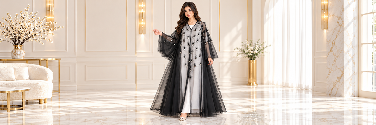 Pearl Cluster Pranchi Sheer Black Open Abaya - AF1044 - Black - View 6