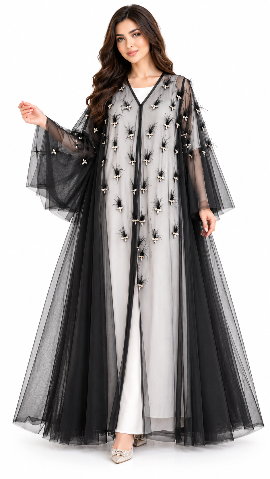 Pearl Cluster Pranchi Sheer Black Open Abaya - AF1044 - Black - View 7