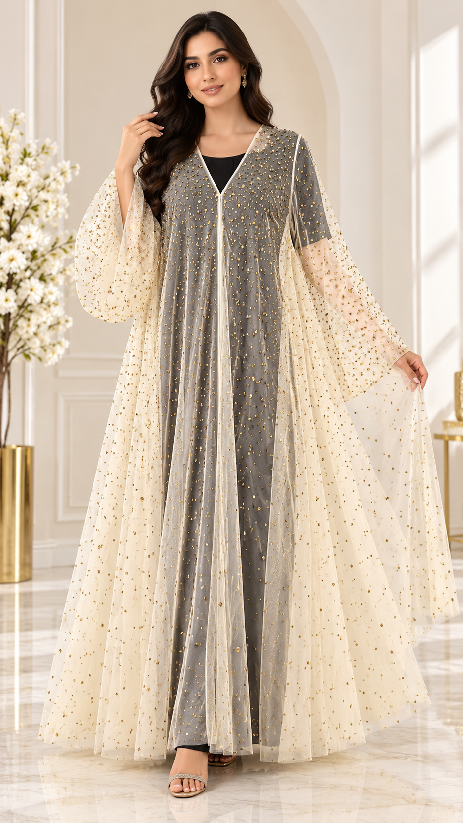 Champagne Stone-Embellished Umbrella Open Abaya - AF1045 - Champagne - View 1