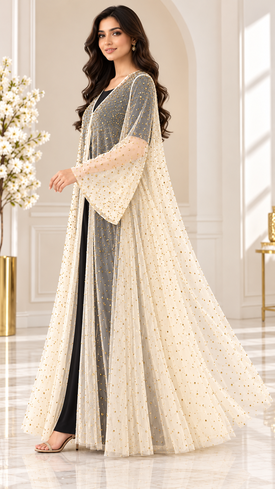 Champagne Stone-Embellished Umbrella Open Abaya - AF1045 - Champagne - View 2