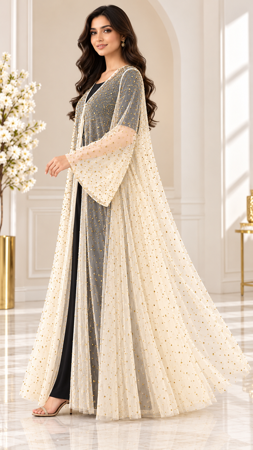 Champagne Stone-Embellished Umbrella Open Abaya - AF1045 - Champagne - View 2