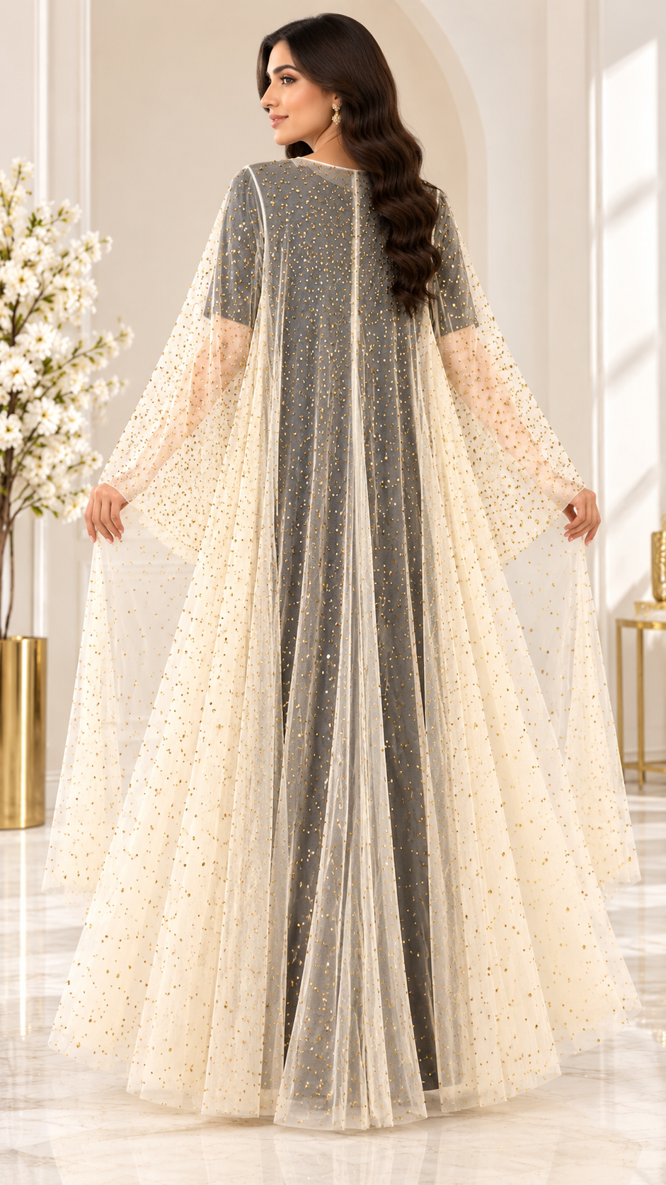 Champagne Stone-Embellished Umbrella Open Abaya - AF1045 - Champagne - View 3