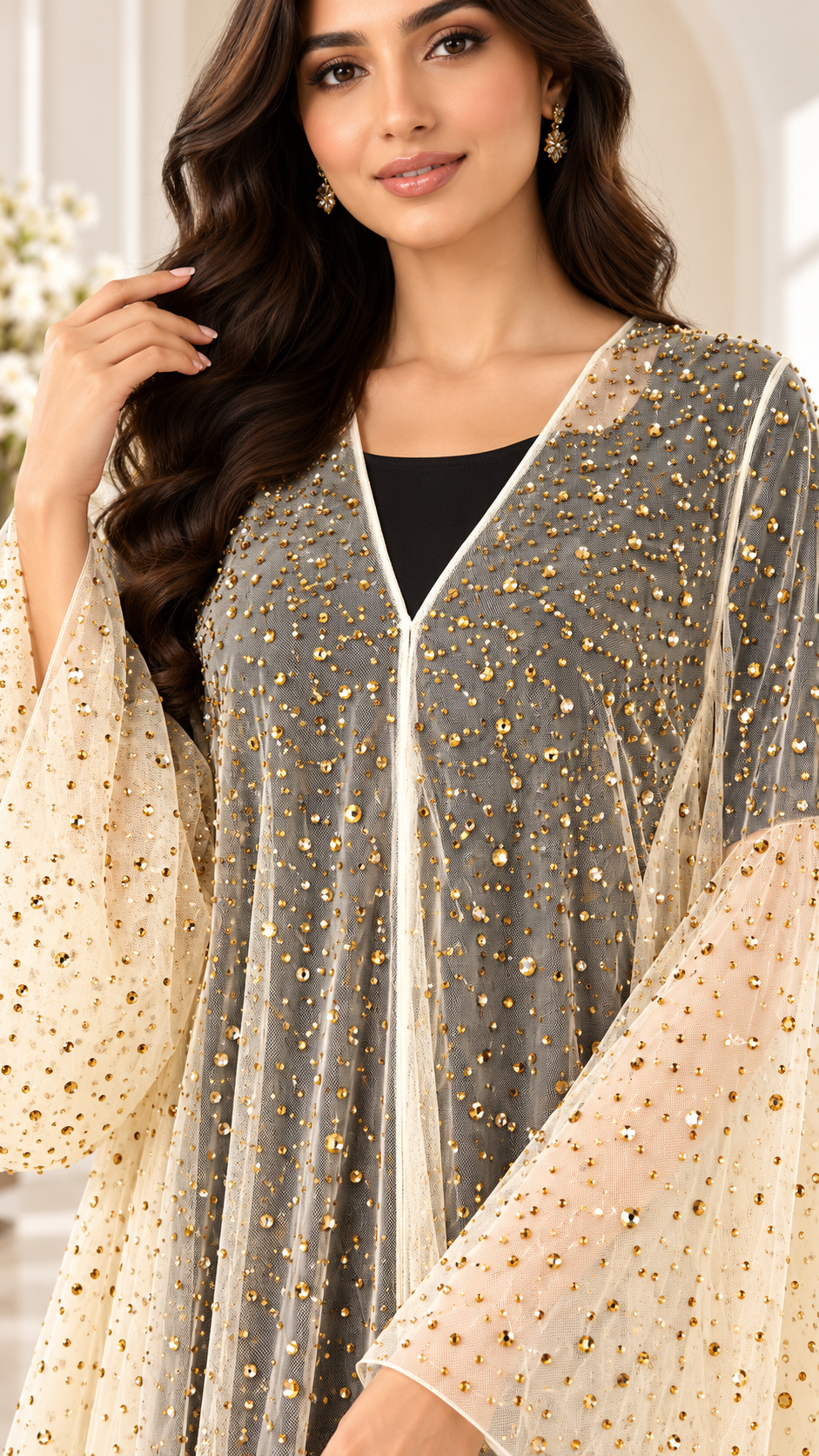 Champagne Stone-Embellished Umbrella Open Abaya - AF1045 - Champagne - View 4