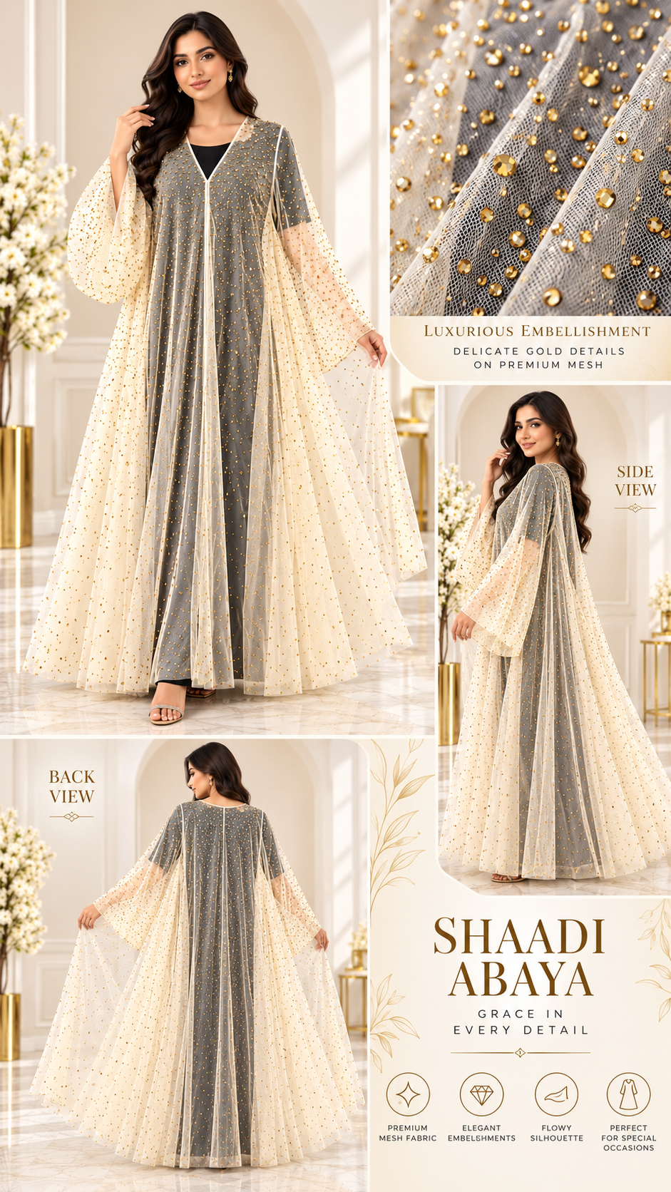 Champagne Stone-Embellished Umbrella Open Abaya - AF1045 - Champagne - View 5