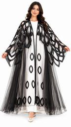 Satin Leaf-Motif Sheer Umbrella Open Abaya - AF1046 - Black - View 1