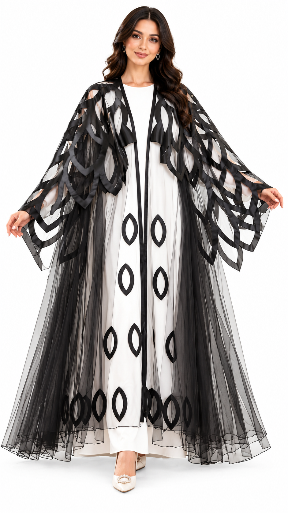 Satin Leaf-Motif Sheer Umbrella Open Abaya - AF1046 - Black - View 1