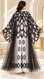 Satin Leaf-Motif Sheer Umbrella Open Abaya - AF1046 - Black - View 3