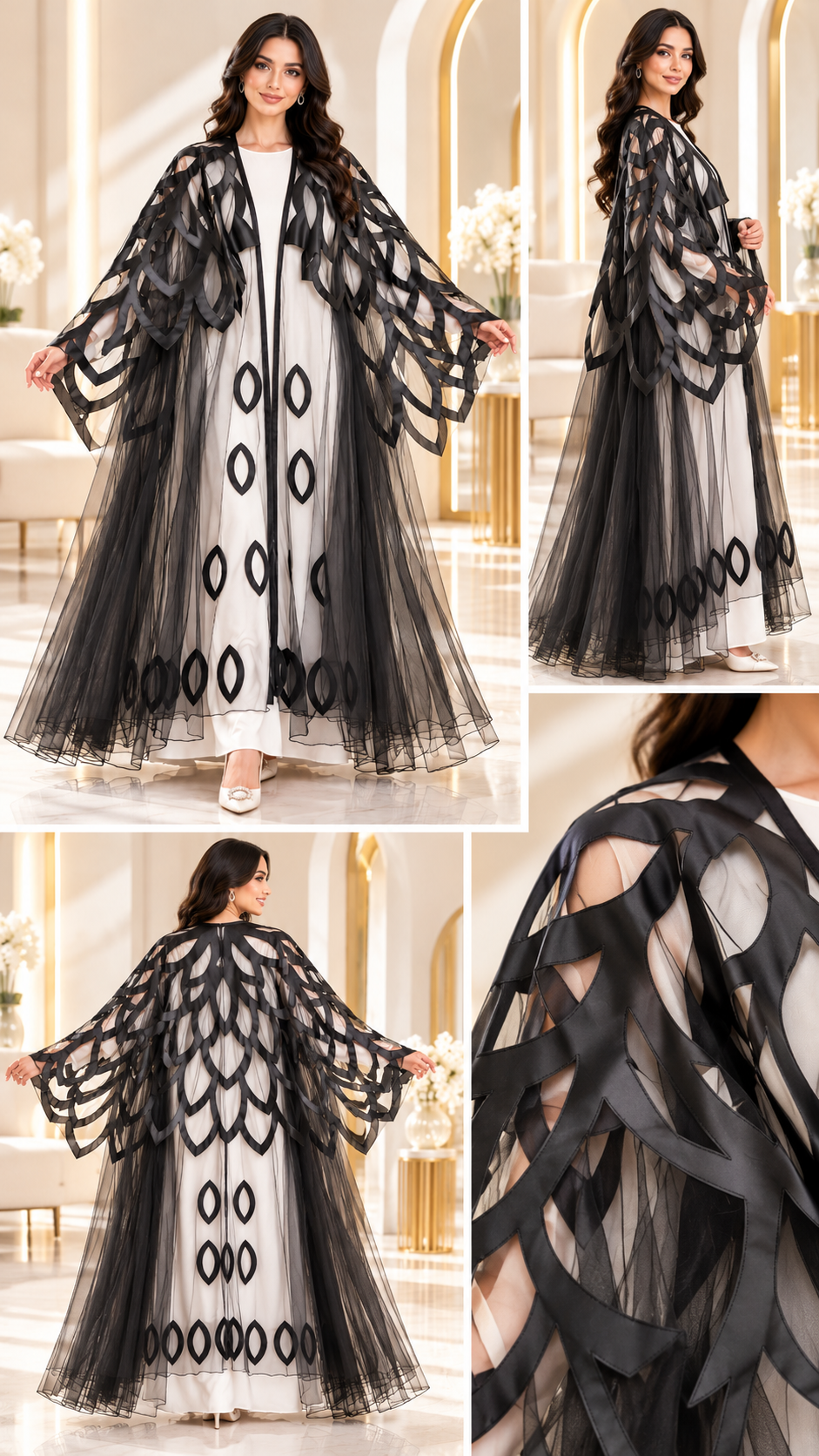 Satin Leaf-Motif Sheer Umbrella Open Abaya - AF1046 - Black - View 5