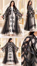 Satin Leaf-Motif Sheer Umbrella Open Abaya - AF1046 - Black - View 5