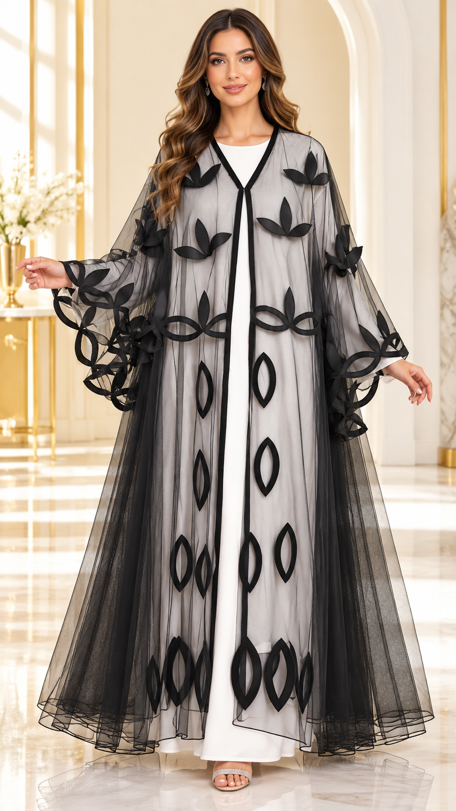 Laser-Cut Satin Floral Sheer Umbrella Open Abaya - AF1047 - Black - View 1