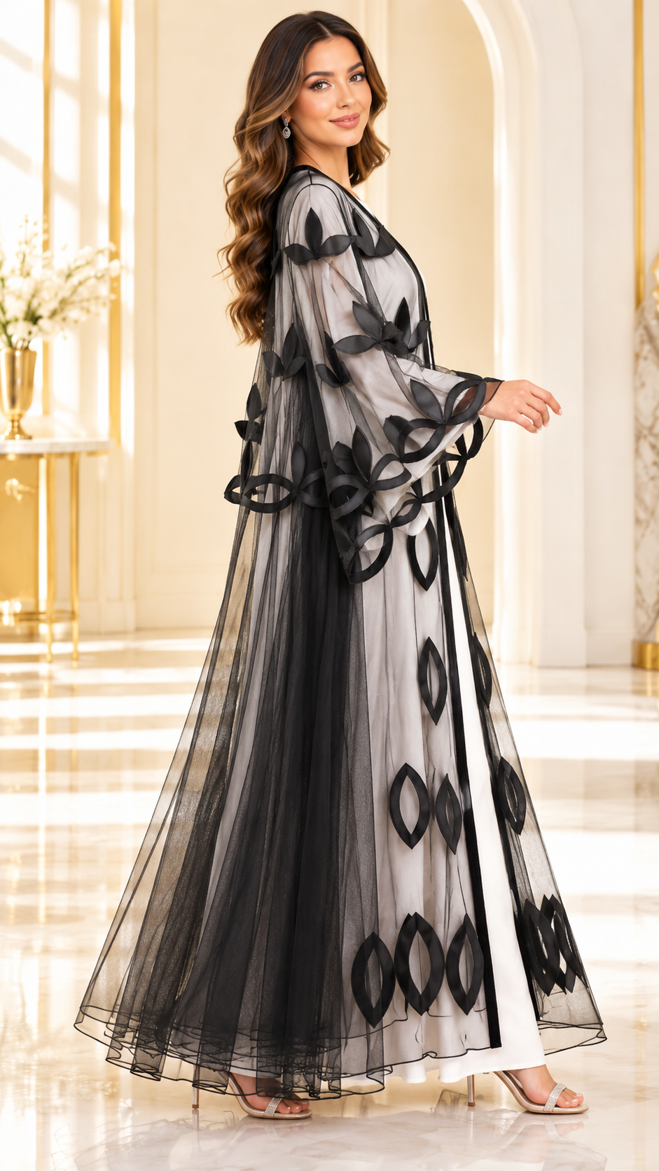 Laser-Cut Satin Floral Sheer Umbrella Open Abaya - AF1047 - Black - View 2