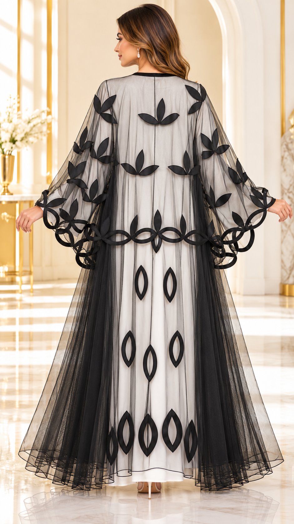 Laser-Cut Satin Floral Sheer Umbrella Open Abaya - AF1047 - Black - View 3