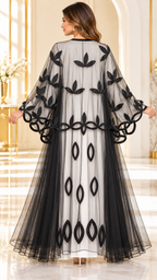 Laser-Cut Satin Floral Sheer Umbrella Open Abaya - AF1047 - Black - View 3