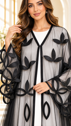 Laser-Cut Satin Floral Sheer Umbrella Open Abaya - AF1047 - Black - View 4