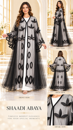 Laser-Cut Satin Floral Sheer Umbrella Open Abaya - AF1047 - Black - View 5
