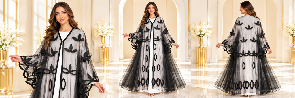Laser-Cut Satin Floral Sheer Umbrella Open Abaya - AF1047 - Black - View 6
