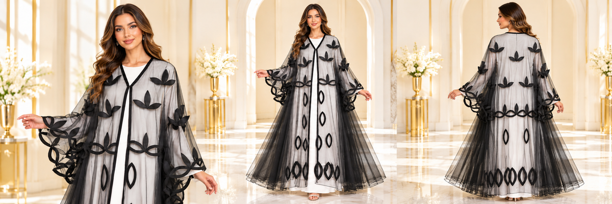 Laser-Cut Satin Floral Sheer Umbrella Open Abaya - AF1047 - Black - View 6