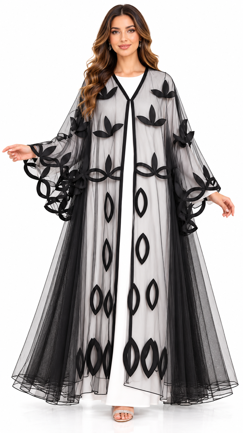 Laser-Cut Satin Floral Sheer Umbrella Open Abaya - AF1047 - Black - View 7