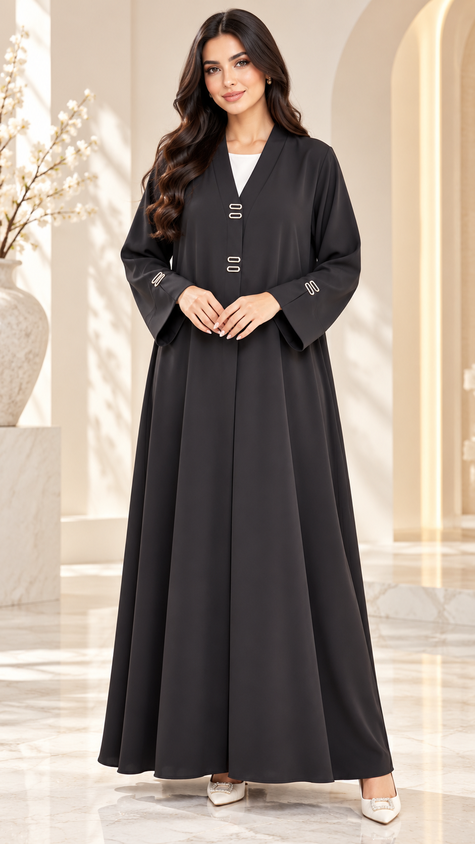 Minimal Logo Detail Black Nida Open Abaya - AF1048 - Black - View 1