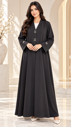 Minimal Logo Detail Black Nida Open Abaya - AF1048 - Black - View 1