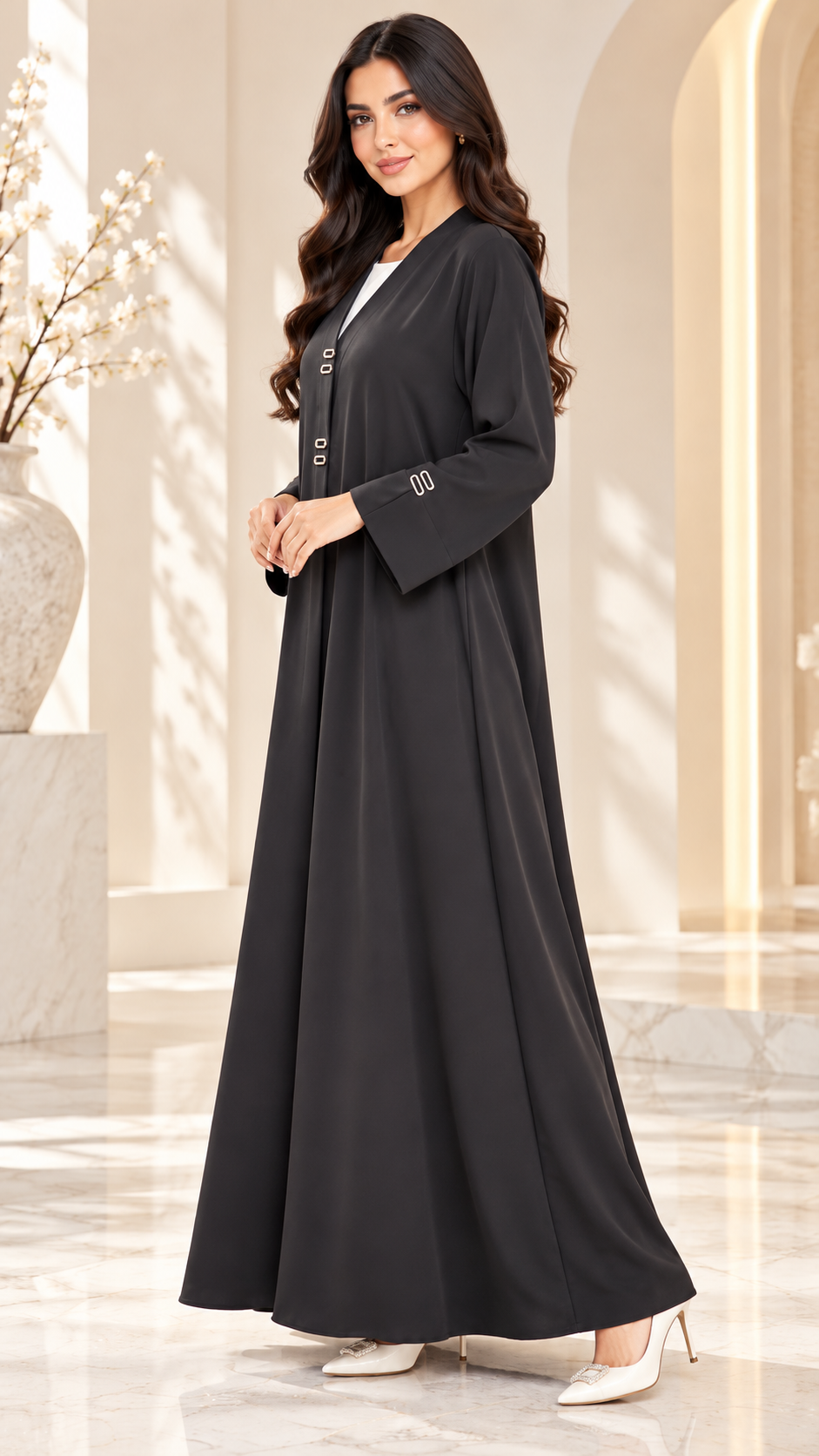 Minimal Logo Detail Black Nida Open Abaya - AF1048 - Black - View 2