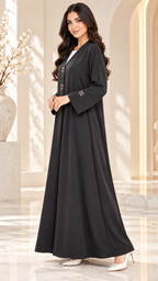 Minimal Logo Detail Black Nida Open Abaya - AF1048 - Black - View 2