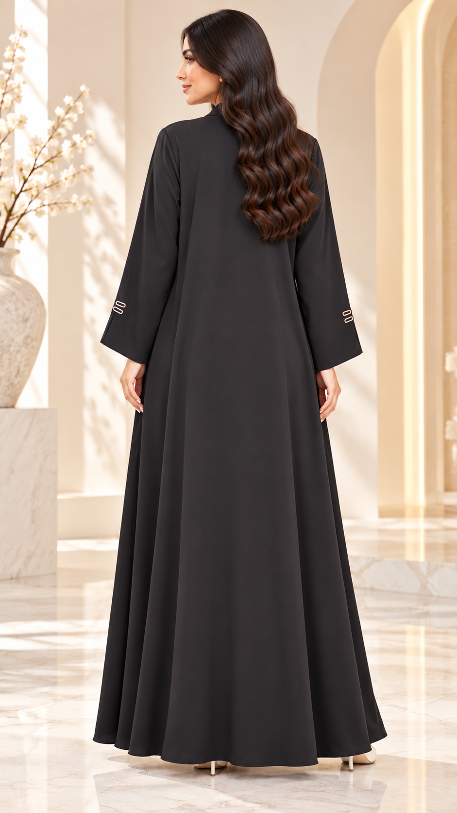Minimal Logo Detail Black Nida Open Abaya - AF1048 - Black - View 3