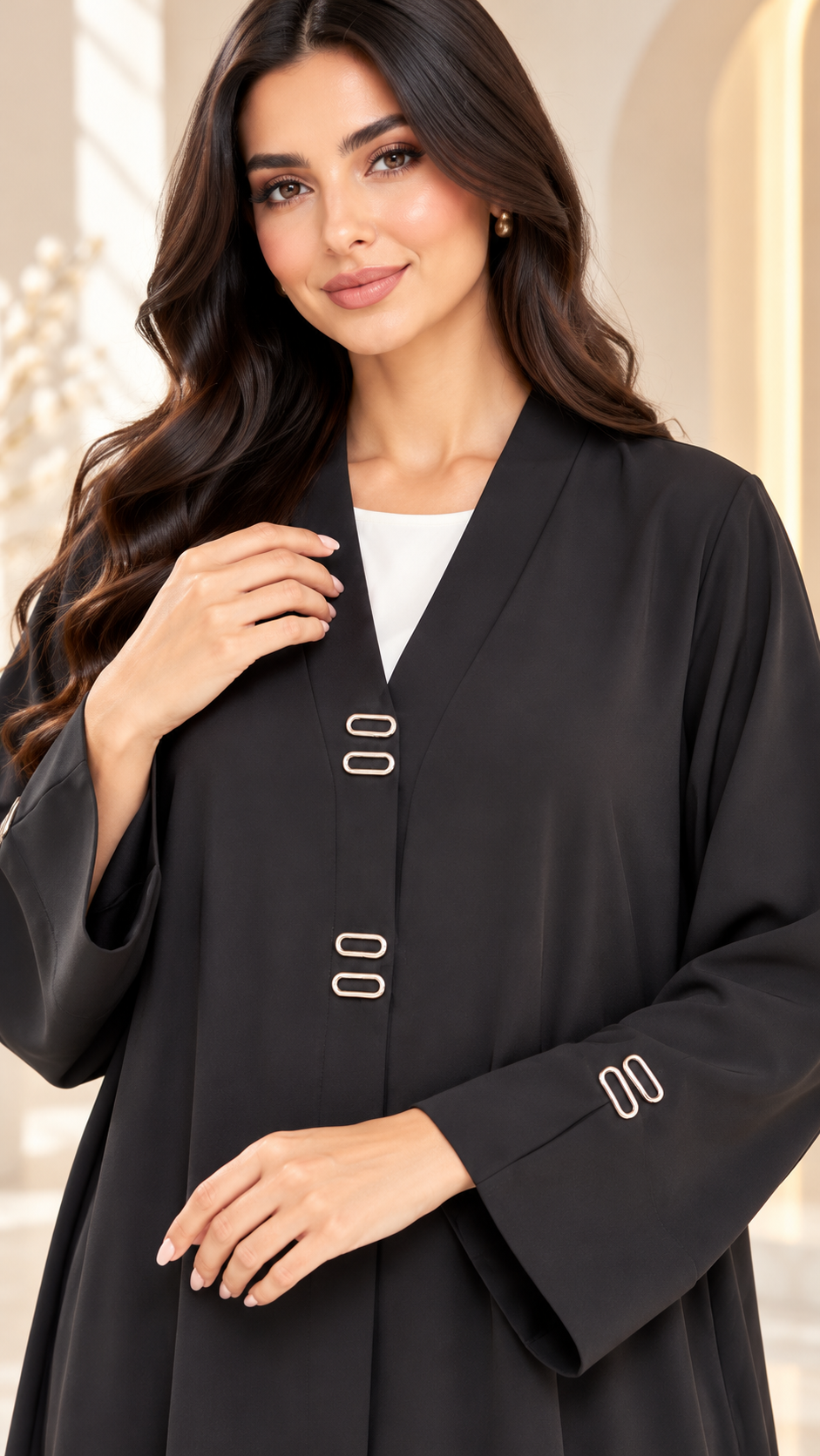 Minimal Logo Detail Black Nida Open Abaya - AF1048 - Black - View 4