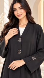 Minimal Logo Detail Black Nida Open Abaya - AF1048 - Black - View 4