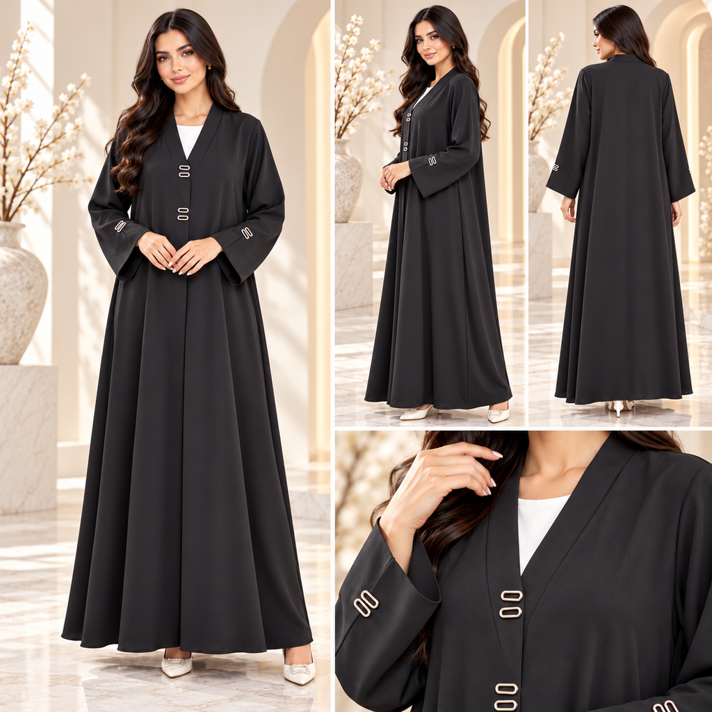 Minimal Logo Detail Black Nida Open Abaya - AF1048 - Black - View 5